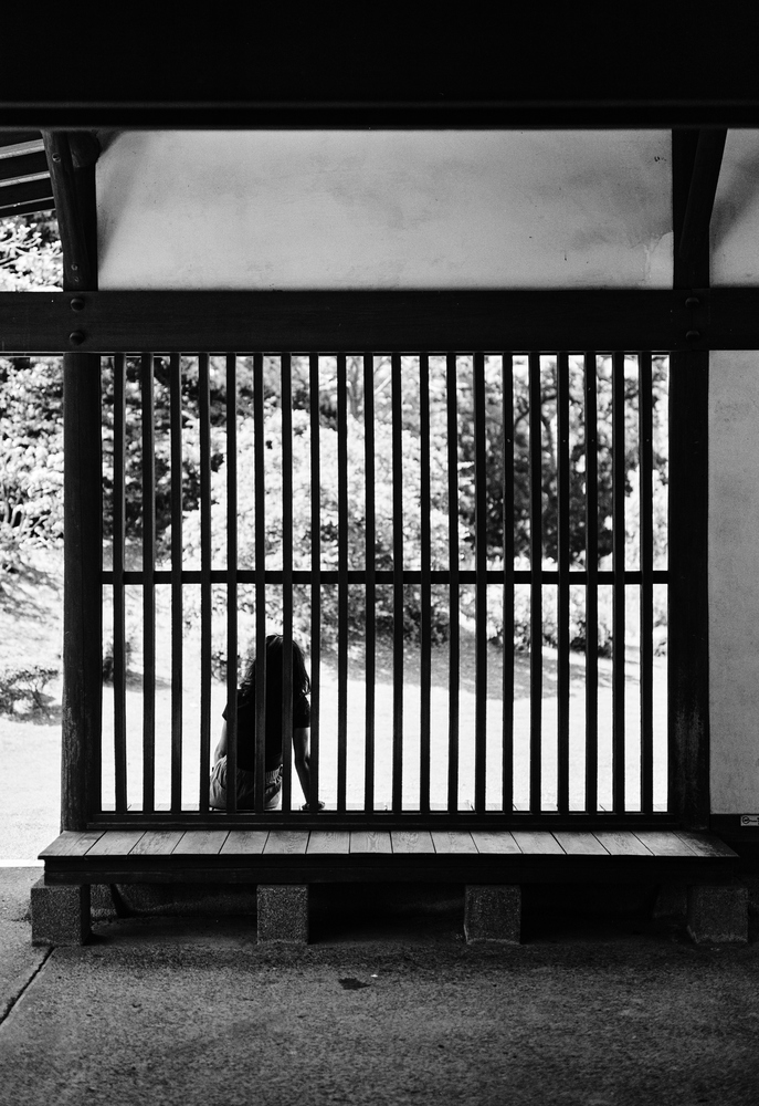 A black and white photograph shows a woman in front of a trellis.