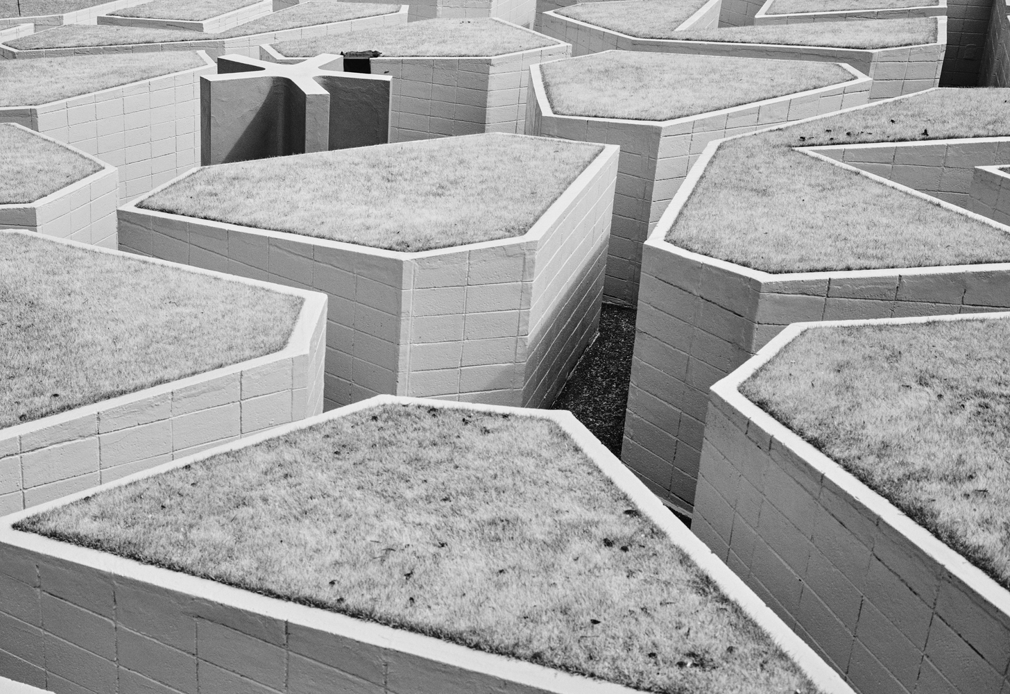 A brick maze is shown in black and white.