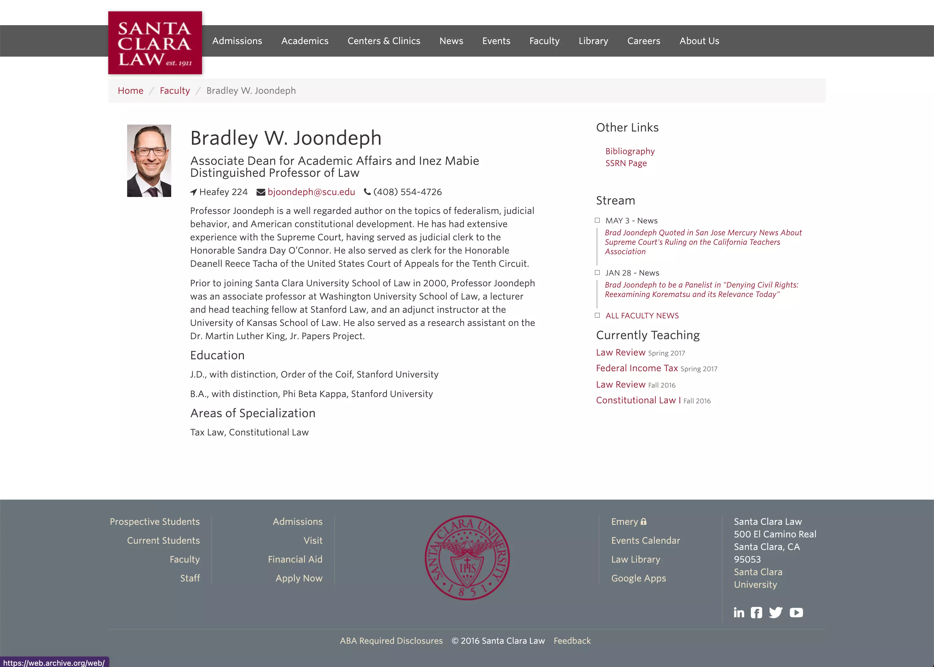 Screenshot of Santa Clara Law's Faculty profile page showing Brad Joondeph.