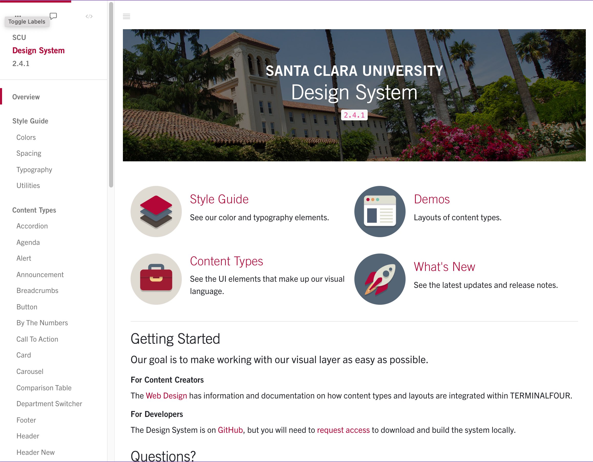 Santa Clara University's Design System Landing Page
